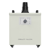 Front view of the Creality Falcon Smoke Purifier by Creality Falcon, designed for indoor use with a control panel, central dial, indicator lights, and large exhaust port to filter smoke and dust. The white unit features small wheels on the bottom corners.