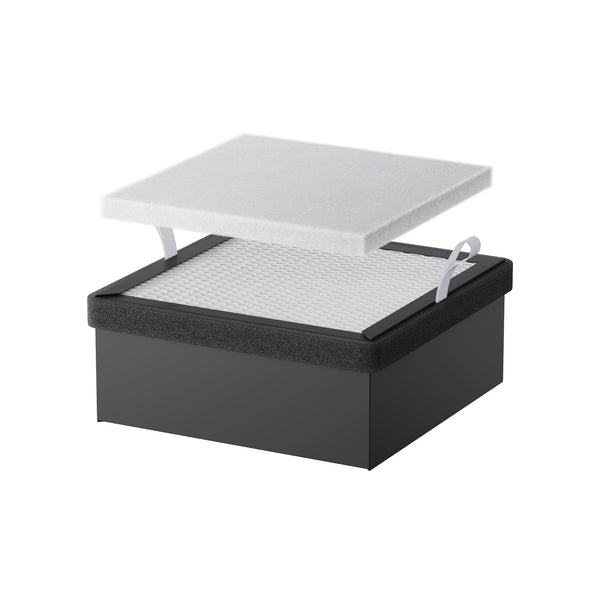 A black rectangular box with a mesh surface and two white pull tabs, topped with a removable high-efficiency filter panel, designed as the Replacement Filter for Falcon A1 Air Purifier by Creality Falcon. The background is plain white.