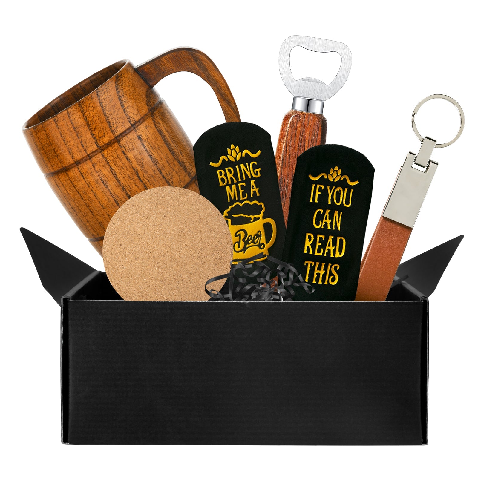 Men's Birthday Gift Set: Beer Opener, Coaster, Wood Mug, Keychain, Socks for Laser Engraving Men's Birthday Gift Set: Beer Opener, Coaster, Wood Mug, Keychain, Socks for Laser Engraving