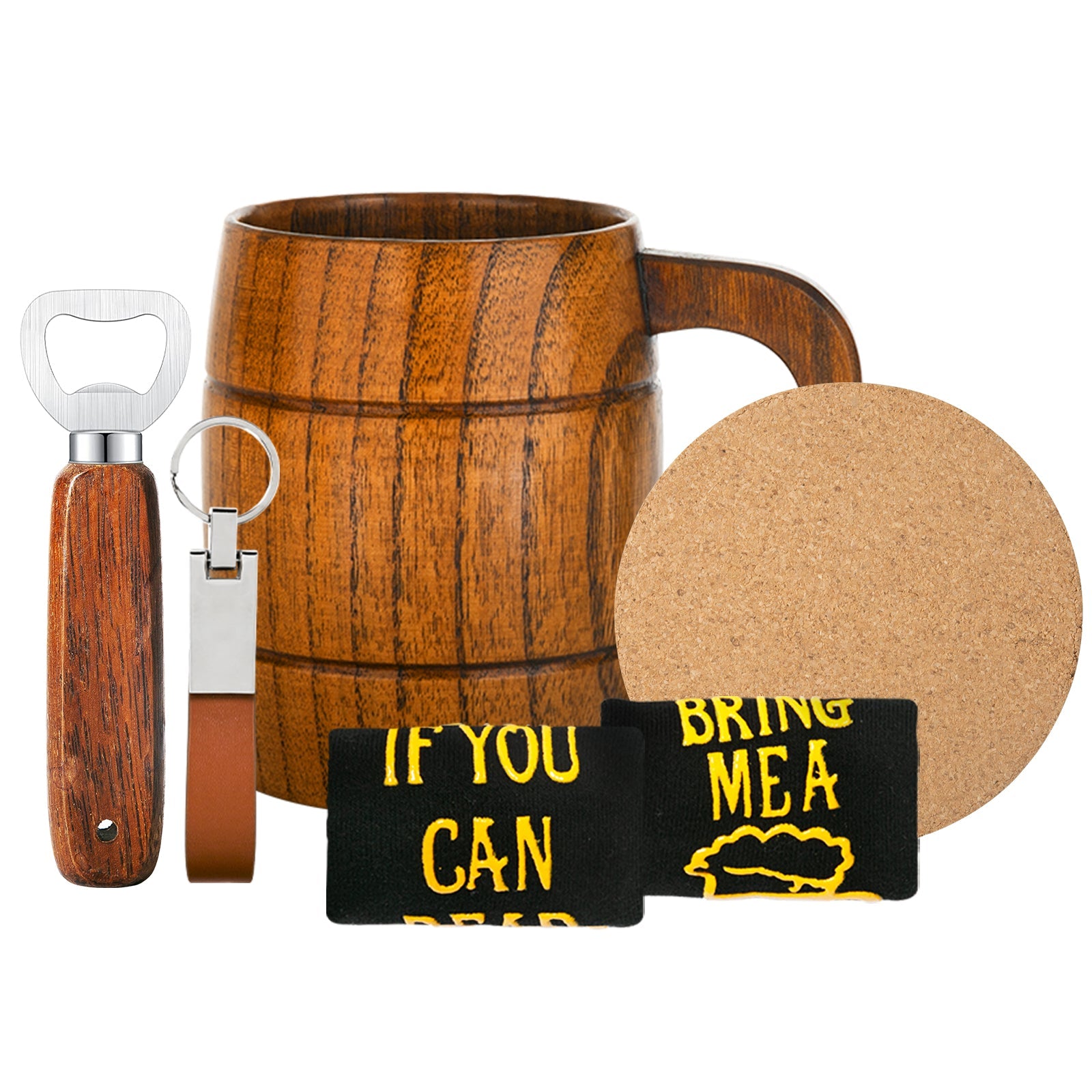 Men's Birthday Gift Set: Beer Opener, Coaster, Wood Mug, Keychain, Socks for Laser Engraving Men's Birthday Gift Set: Beer Opener, Coaster, Wood Mug, Keychain, Socks for Laser Engraving