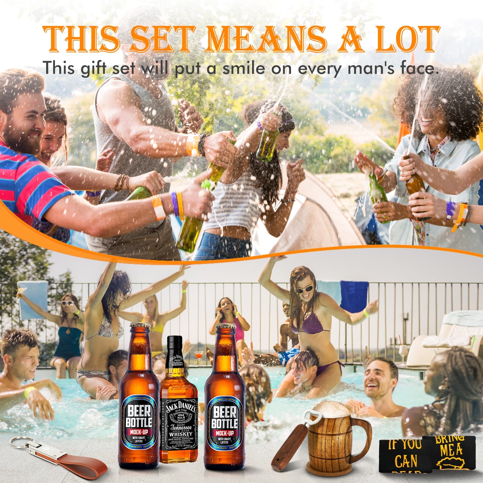 Men's Birthday Gift Set: Beer Opener, Coaster, Wood Mug, Keychain, Socks for Laser Engraving Men's Birthday Gift Set: Beer Opener, Coaster, Wood Mug, Keychain, Socks for Laser Engraving