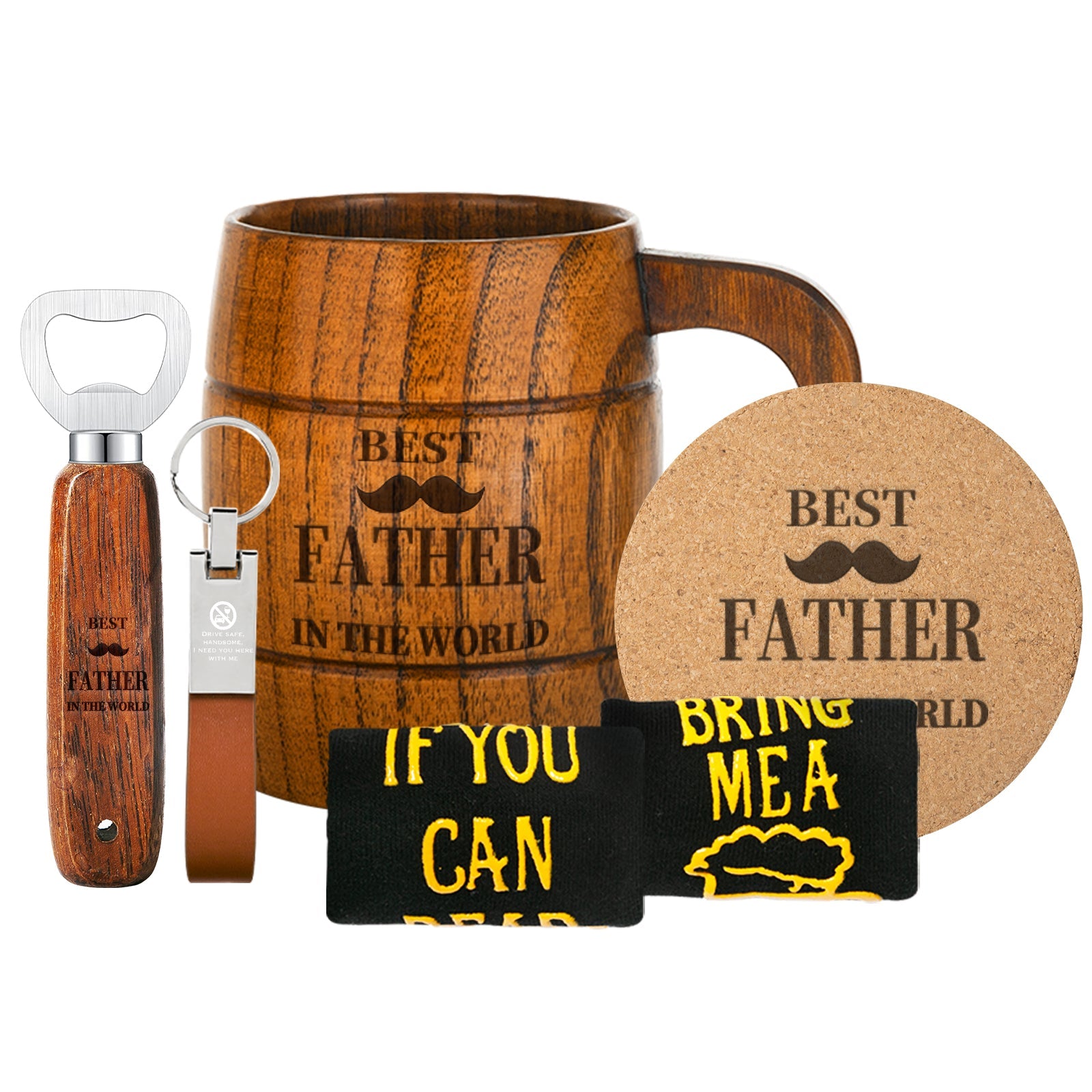 Men's Birthday Gift Set: Beer Opener, Coaster, Wood Mug, Keychain, Socks for Laser Engraving Men's Birthday Gift Set: Beer Opener, Coaster, Wood Mug, Keychain, Socks for Laser Engraving