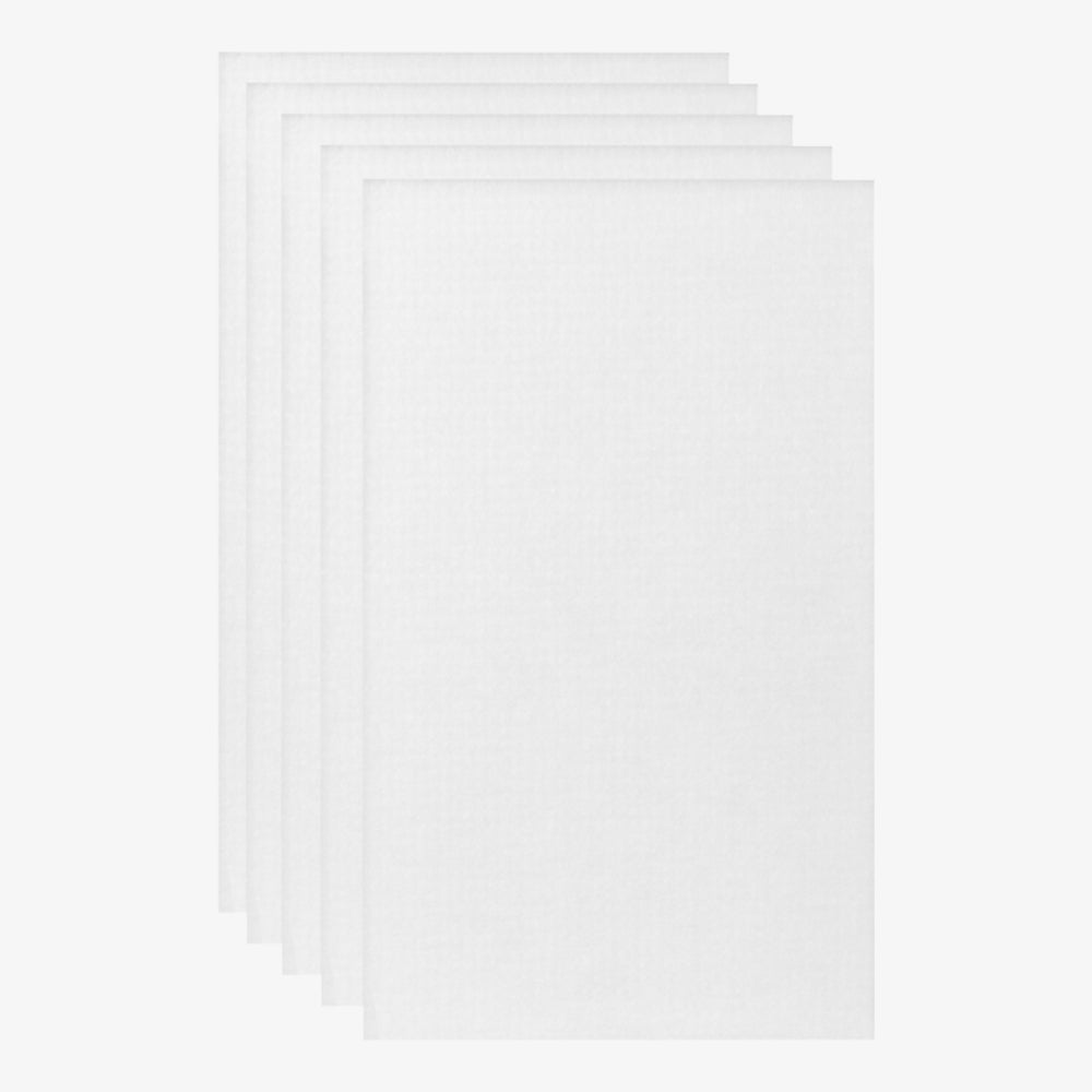 Five stacked blank white sheets against a white background, embodying simplicity and purity similar to Creality Falcon's Filter Replacement for Smoke Purifier.