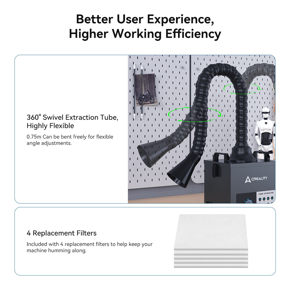 Image of a Creality Falcon Air Purifier for 10W Engraving Machines with flexible, 360° swiveling extraction tubes against a perforated metal backdrop. Features include four replacement HEPA filters and adjustable hoses for enhanced user experience and efficiency.