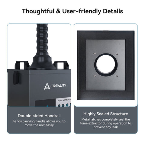 The image displays the Creality Falcon Air Purifier for 10W Engraving Machines, featuring a double-sided handrail for easy handling, a highly sealed structure with metal latches, HEPA filters for clean air, and low noise operation to prevent air leaks.