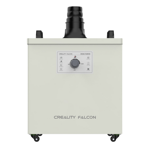 Front view of the Creality Falcon Smoke Purifier by Creality Falcon, designed for indoor use with a control panel, central dial, indicator lights, and large exhaust port to filter smoke and dust. The white unit features small wheels on the bottom corners.