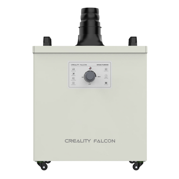 Front view of the Creality Falcon Smoke Purifier by Creality Falcon, designed for indoor use with a control panel, central dial, indicator lights, and large exhaust port to filter smoke and dust. The white unit features small wheels on the bottom corners.