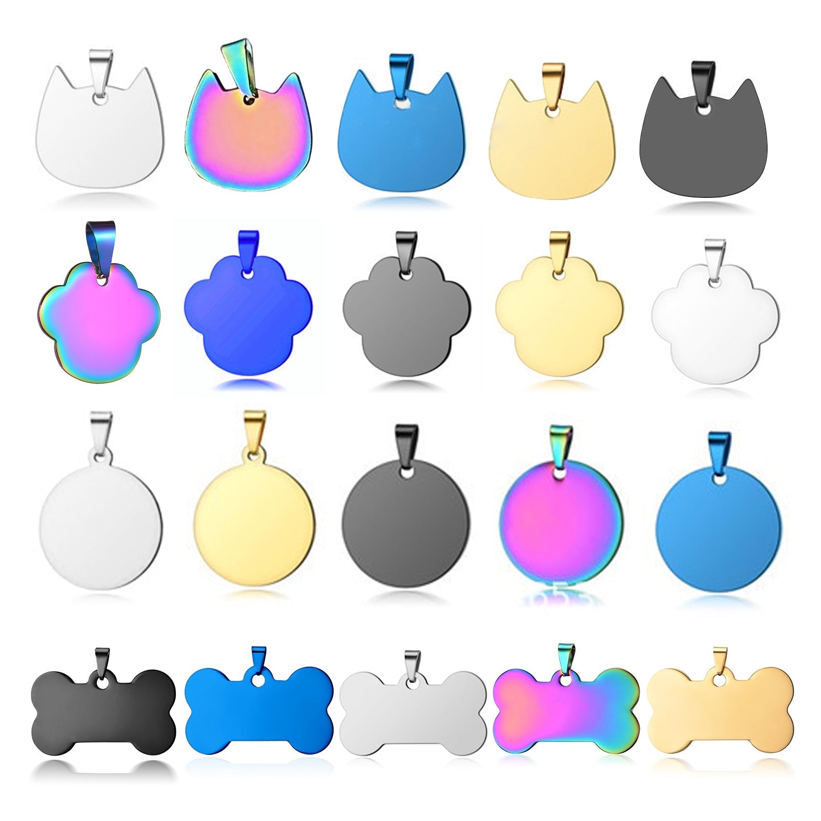 A collection of 20 CrealityFalcon Titanium Steel Pet Tags and Metal Charms for Laser Engraving - 20pcs in various shapes (cat head, paw, circle, and bone) and colors (silver, iridescent, blue, gold, and black). Made from durable titanium steel for blank metal tags perfect for laser engraving. Each row displays different shapes with slight variations in designs and finishes.