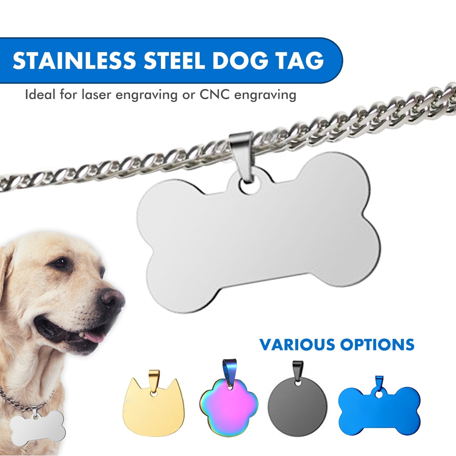 Image shows an advertisement for CrealityFalcon's Titanium Steel Pet Tags and Metal Charms for Laser Engraving - 20pcs. The tags, suitable for laser or CNC engraving, are displayed alongside a photo of a yellow Labrador on the left. Various tag shapes and colors are showcased at the bottom, highlighting the versatility of blank metal tags.