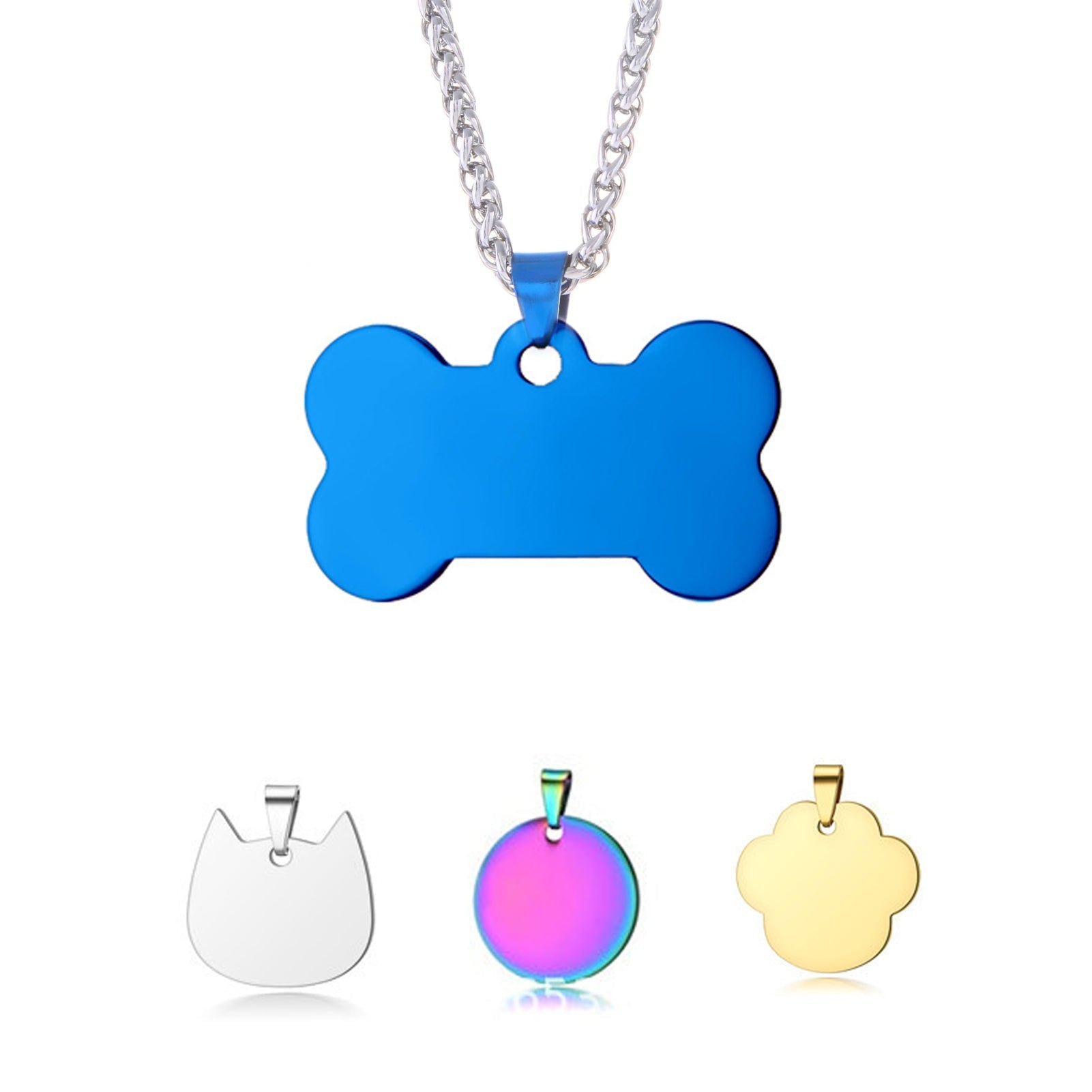 A silver chain necklace featuring a blue bone-shaped pendant is accompanied by four additional pendants: a silver cat head, a round multicolored disc, a yellow circle, and a gold paw print. The collection is perfect for CrealityFalcon Titanium Steel Pet Tags and Metal Charms for Laser Engraving - 20pcs for personalized touches.