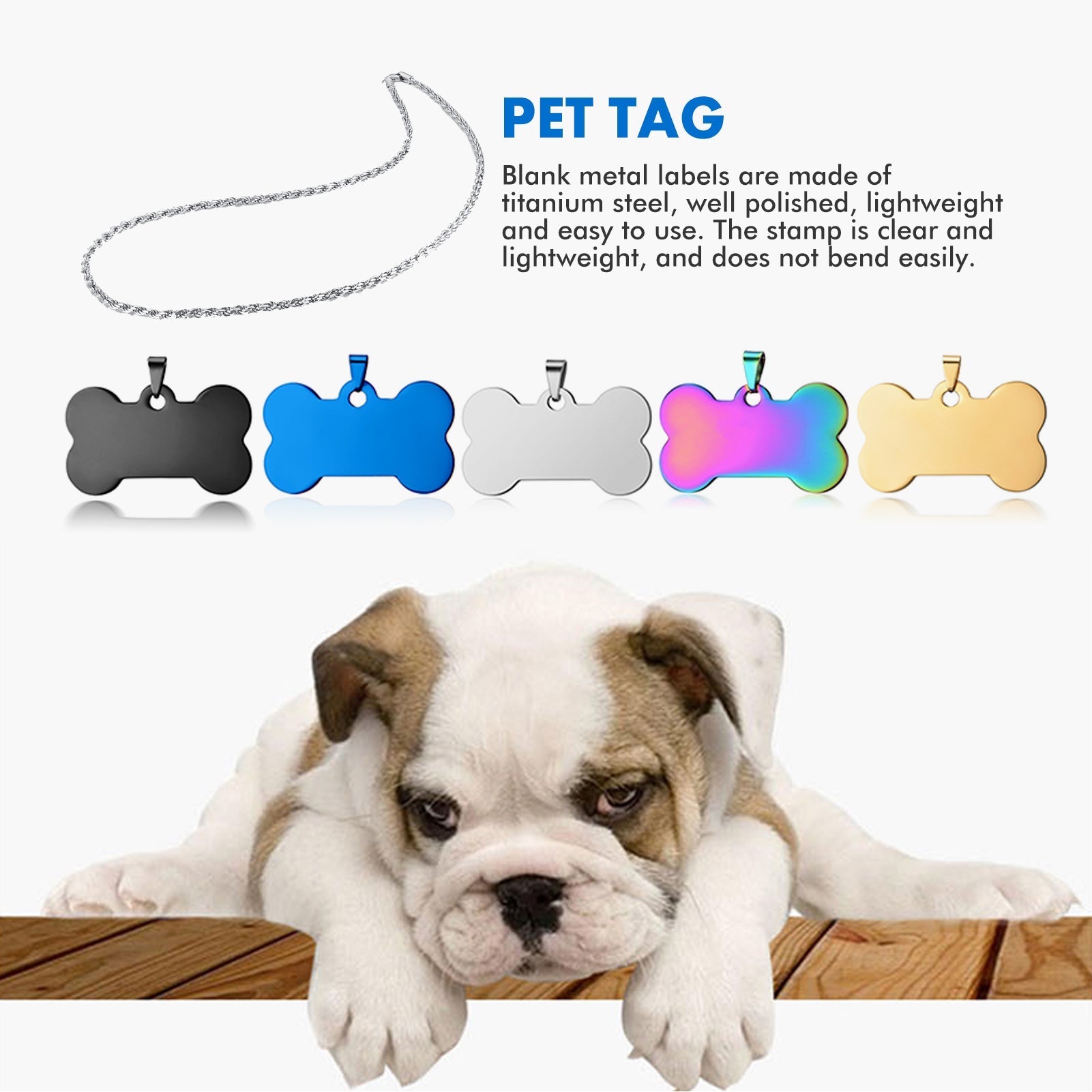 Image of five bone-shaped pet tags in different colors (black, blue, silver, rainbow, gold) with a chain above them. At the bottom of the image, a sad-looking bulldog puppy rests its head and paws on a wooden surface. Text reads 