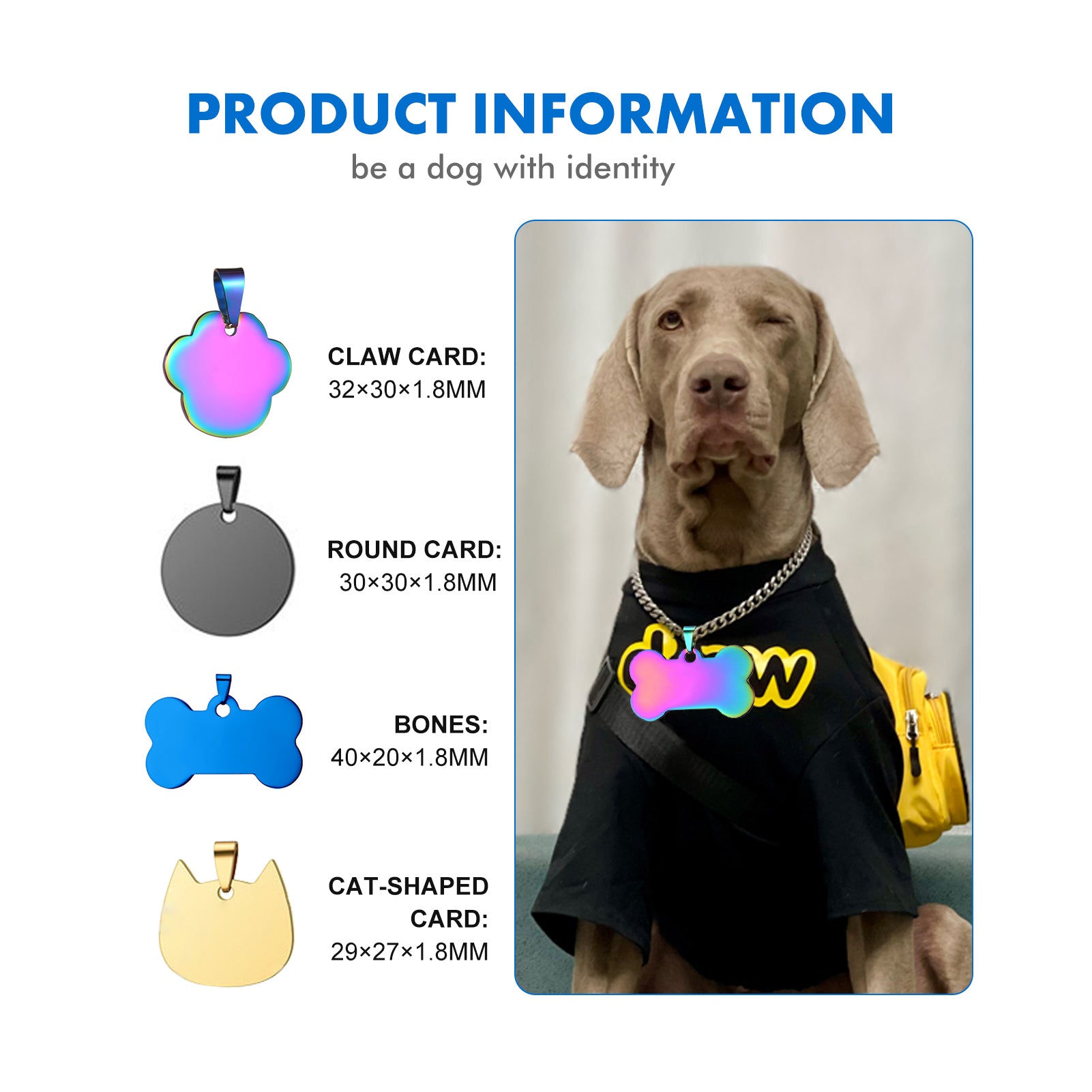 Image showing a product information chart for 20pcs Titanium Steel Blank Stamping Tags Pets Tag Metal Pendant Charms for Falcon Laser Engraving by CrealityFalcon, crafted with precision. It features a photo of a dog wearing a laser-engraved bone-shaped tag. The chart includes four tag shapes: claw, round, bone, and cat-shaped, with their dimensions listed. Text reads 