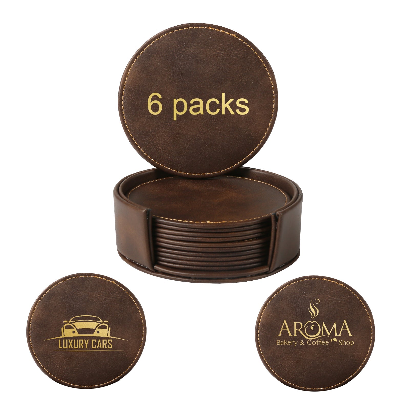 Personalized Brown Leather Coasters and Holder 4