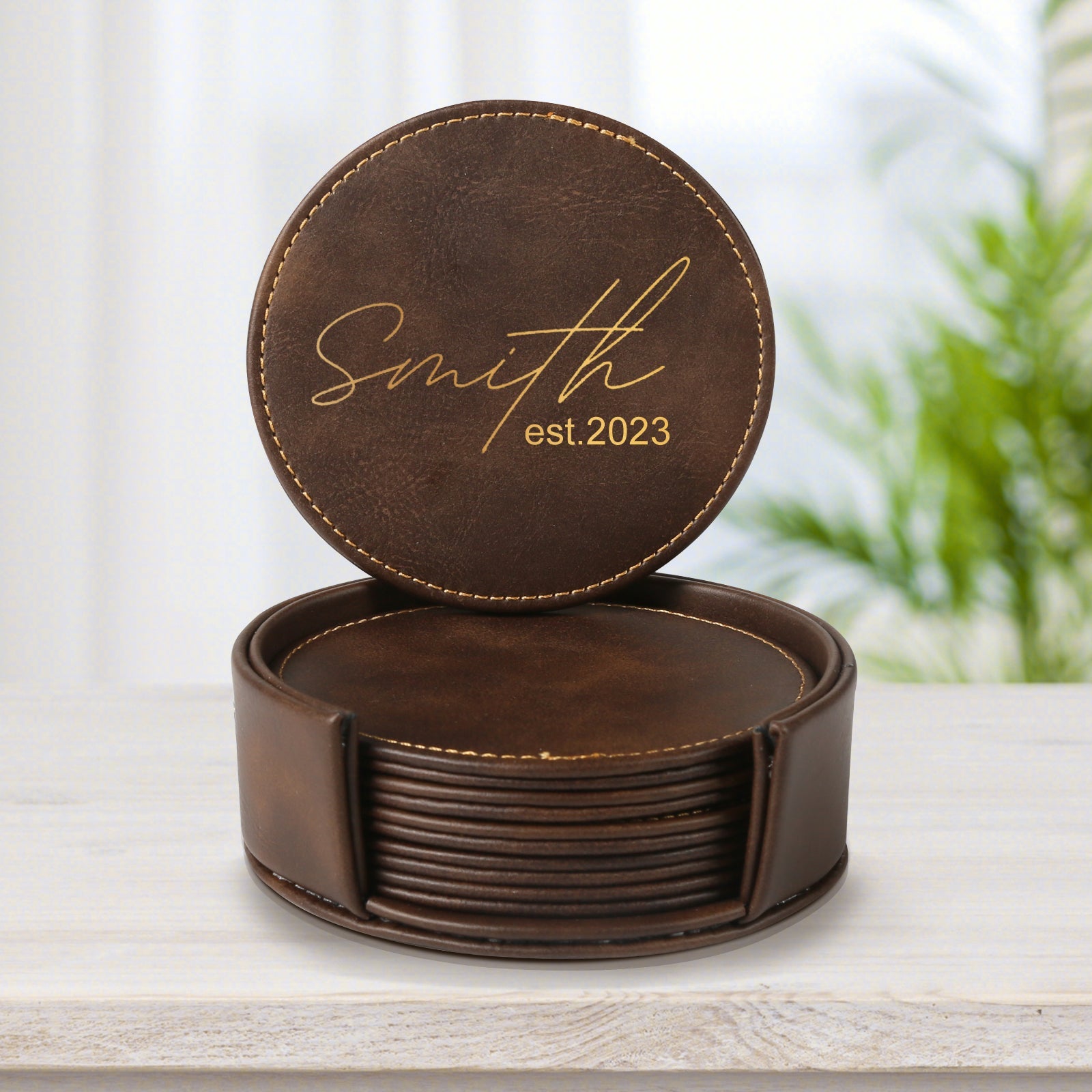 Personalized Brown Leather Coasters and Holder 4