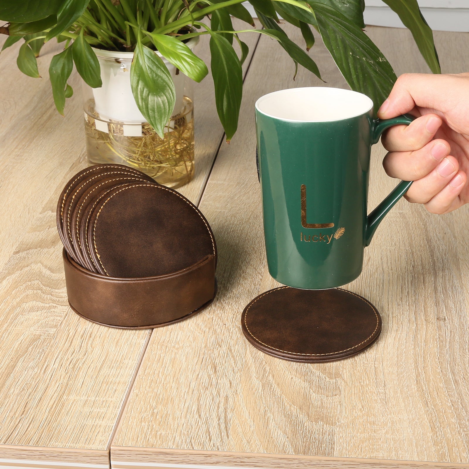 Personalized Brown Leather Coasters and Holder 4