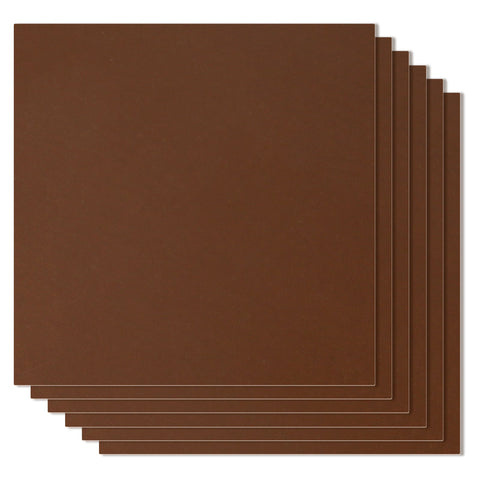 Six brown square sheets are neatly stacked, slightly fanned out to show the individual layers. The sheets appear to be made of a thin, smooth material, possibly paper or cardstock. Perfect for laser cutting CNC projects or DIY enthusiasts, the background is plain white. Brand Name: CrealityFalcon Product Name: Brown Unfinished Wood 12"*12"*1/8" 6pcs for Falcon Laser Engraving CNC Cutting DIY Projects