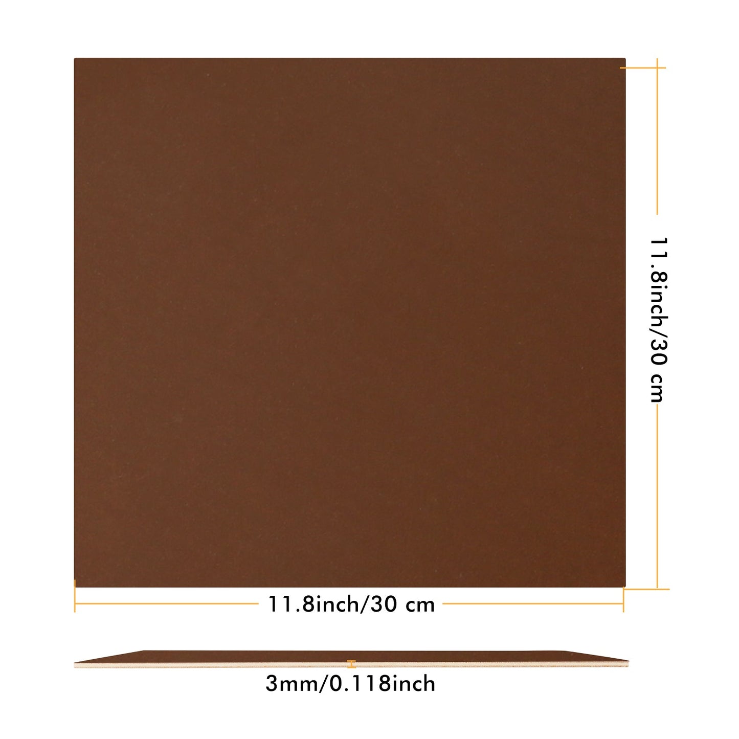 A square brown sheet made of medium density fiberboard, perfect for DIY enthusiasts, with dimensions labeled 11.8 inches (30 cm) by 11.8 inches (30 cm) and a thickness of 3 mm (0.118 inch). The sheet is displayed from a top view and side view, with measurement annotations along the sides and bottom—ideal for laser cutting CNC projects such as the Brown Unfinished Wood 12"*12"*1/8" 6pcs for Falcon Laser Engraving CNC Cutting DIY Projects by CrealityFalcon.