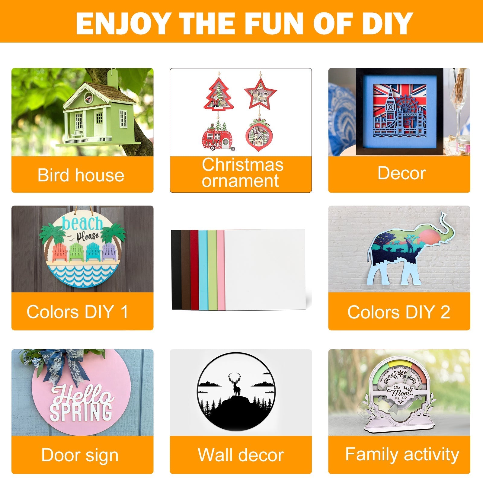 A grid of nine DIY craft examples with orange headers: birdhouse, Christmas ornament, decor, colors DIY 1, colors DIY 2, door sign, wall decor, family activity. Each shows an image representing the type of project with text above saying "ENJOY THE FUN OF DIY." Perfect for DIY enthusiasts and **CrealityFalcon Brown Unfinished Wood 12"*12"*1/8" 6pcs for Falcon Laser Engraving CNC Cutting DIY Projects** creations.