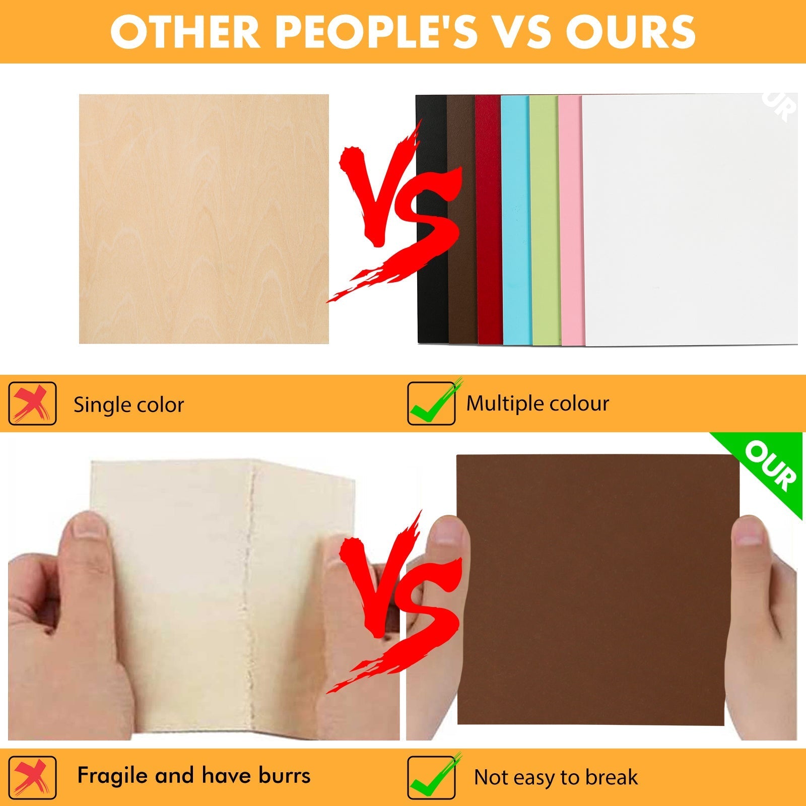 A comparison image showing products labeled "Other People's" versus "Ours." The top comparison displays a plain wood board versus six colored boards ideal for DIY enthusiasts. The bottom shows a fragile and burr-filled board being bent, compared to our sturdy, medium density fiberboard ready for laser cutting CNC. Introducing CrealityFalcon's Brown Unfinished Wood 12"*12"*1/8" 6pcs for Falcon Laser Engraving CNC Cutting DIY Projects.