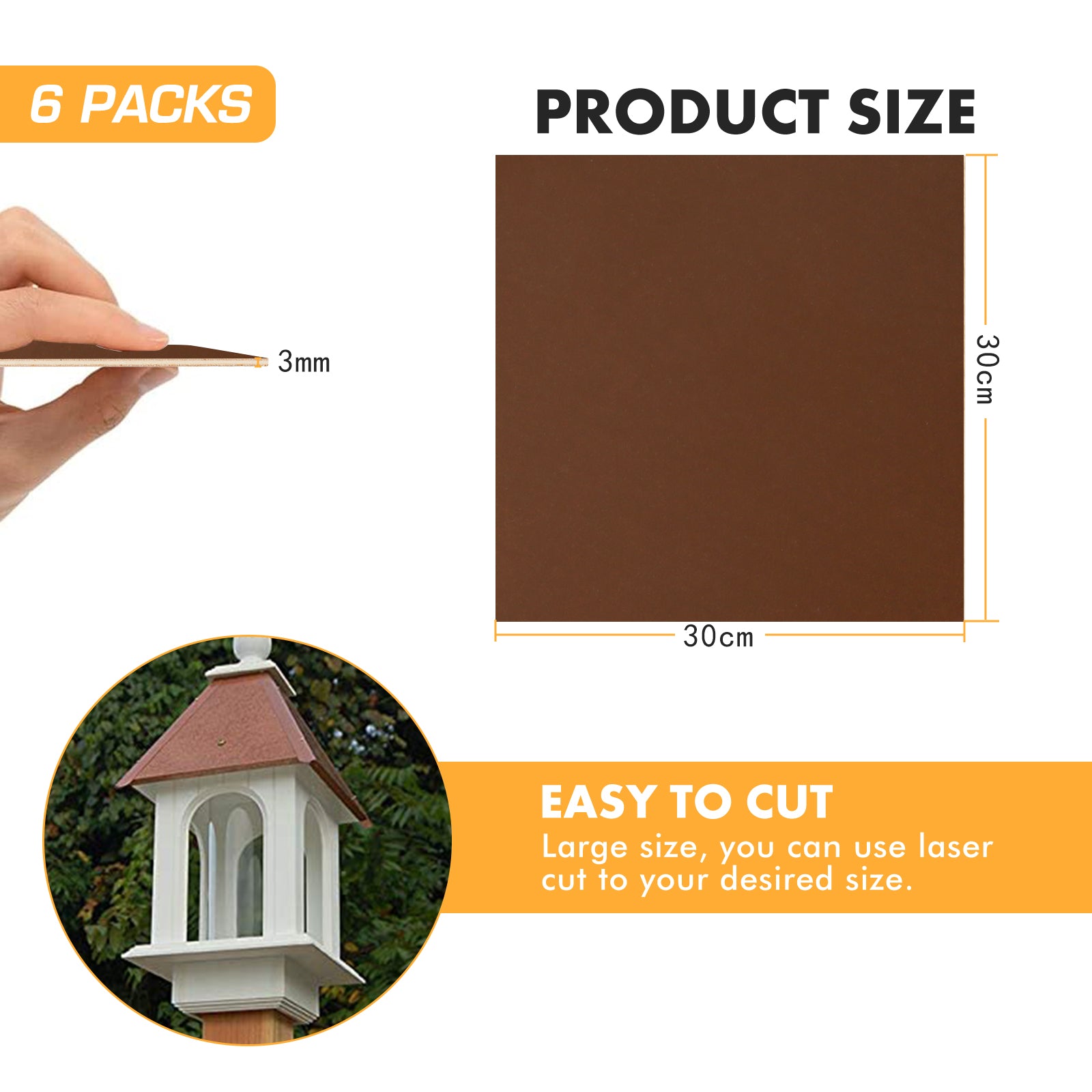 A product display image showcasing a 6-pack of 30cm x 30cm, 3mm thick Brown Unfinished Wood 12"*12"*1/8" for Falcon Laser Engraving CNC Cutting DIY Projects. One hand is shown holding a thin board. A square dimension diagram and a partially covered white birdhouse are included. Text reads "EASY TO CUT – Perfect for DIY enthusiasts.
Brand Name: CrealityFalcon