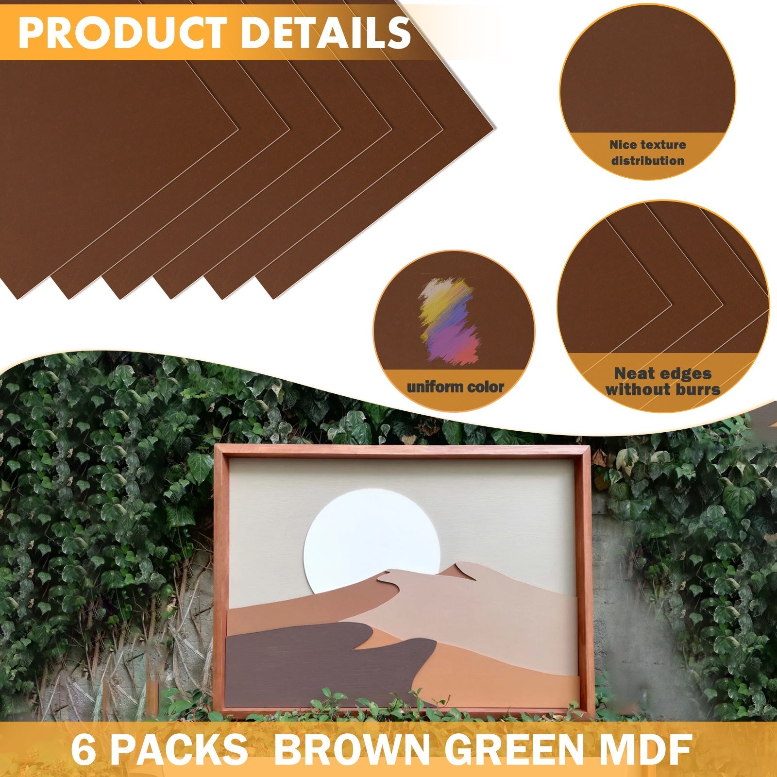 Image showing the details of a product consisting of six packs of CrealityFalcon Brown Unfinished Wood 12"*12"*1/8" 6pcs for Falcon Laser Engraving CNC Cutting DIY Projects with a uniform color, neat edges, and nice texture distribution. Additionally, the image includes a framed art piece featuring a desert landscape with a round sun—ideal for DIY enthusiasts.