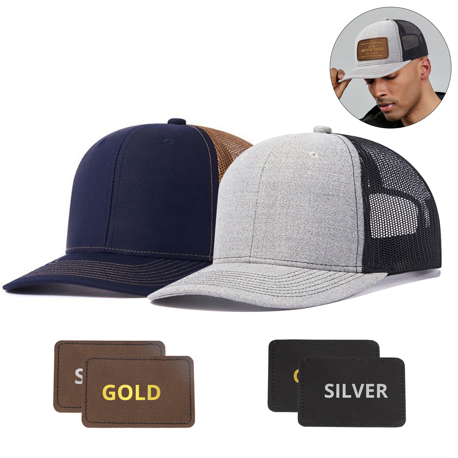 2 pcs Adjustable Men Mesh Trucker Hat with 4pcs Self-adhesive Cap Stickers for Laser Engraving