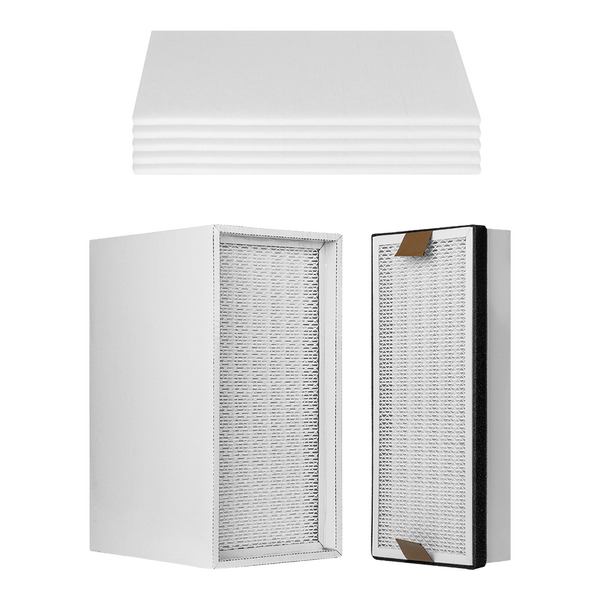 The image features Creality Falcon's Filter Replacement for Smoke Purifier, with large flat white filters on top and two upright rectangular box-shaped filters below, showcasing densely packed white mesh surfaces for optimal air quality.
